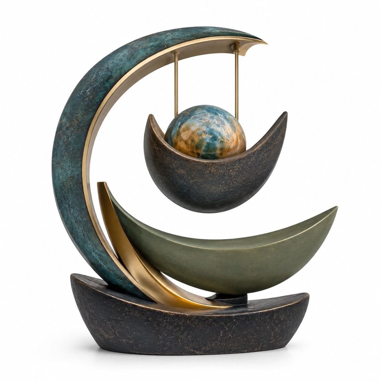 Escultura Decorativa Moderna Abstracción Geométrica Verde y Dorado