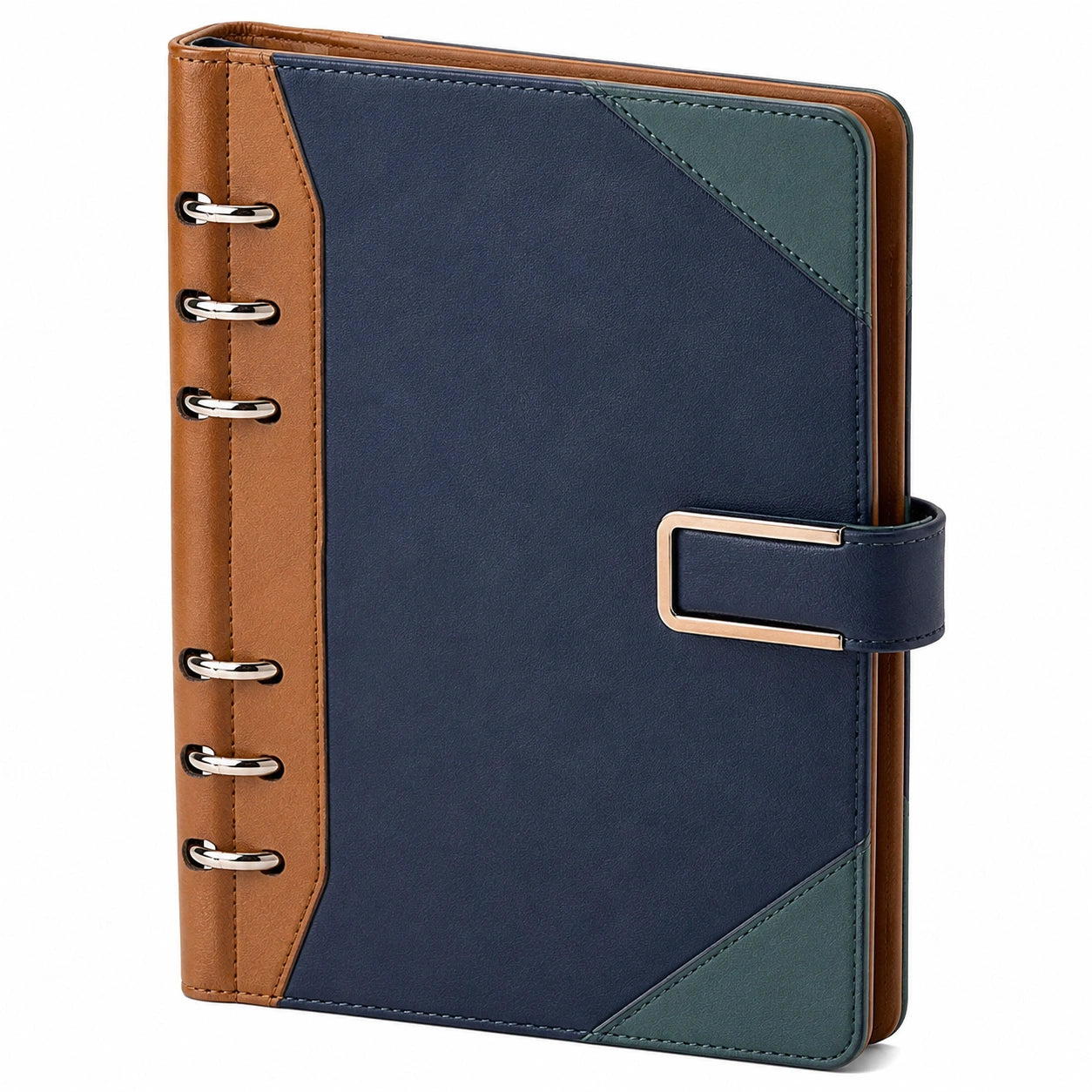 Cuaderno A5 de Anillas Azul/Marrón/Verde con Cierre de Hebilla