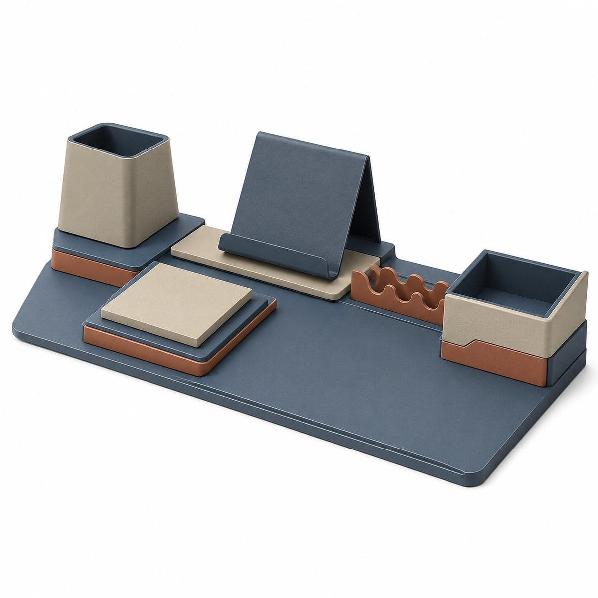 Organizador de Escritorio Multifuncional Azul/Beige/Marrón con Soporte de Documentos