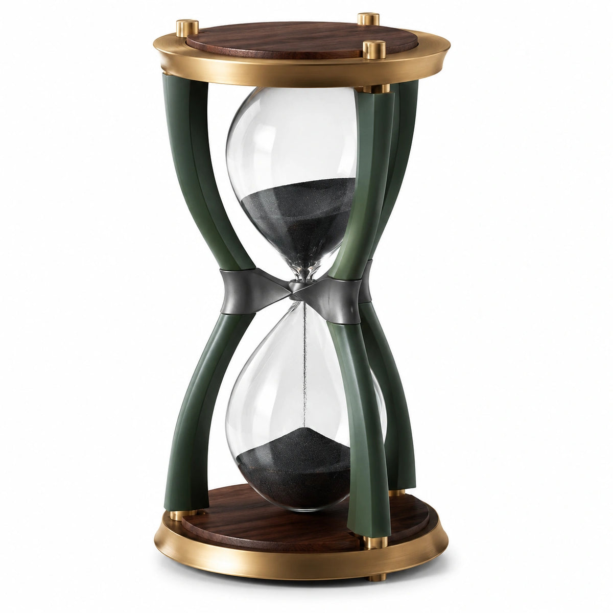 Reloj de arena decorativo verde y dorado con arena negra