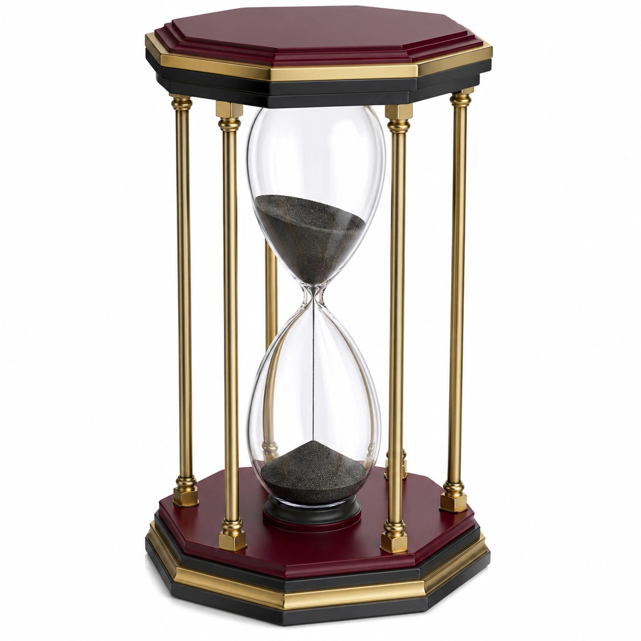 Reloj de Arena Decorativo Octogonal Grande Vidrio Transparente Arena Negra Estructura Dorada Burdeos